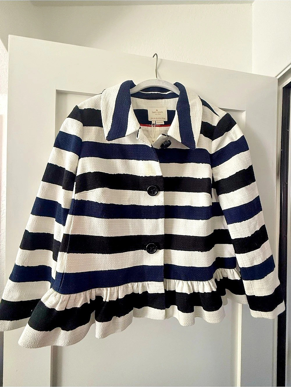Kate Spade New York Ari Jacket Navy Black & White Striped Ruffle Peplum Size 12